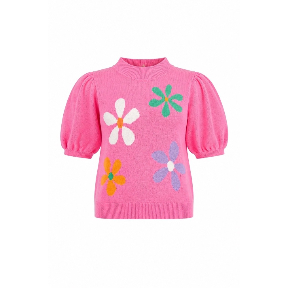 THML Pink Floral Puff Sleeve Sweater Mock Neck Intarsia Knit Top XL